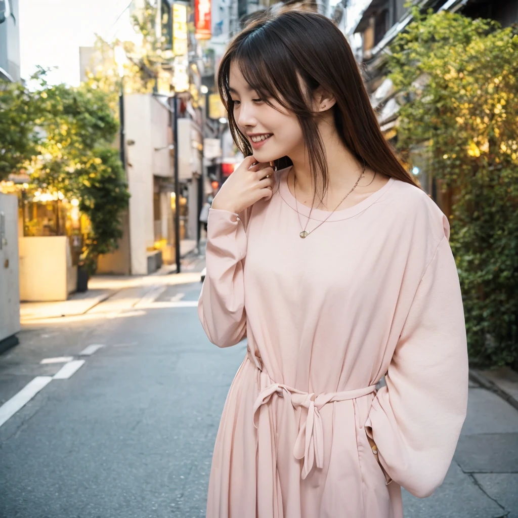 Tabletop、(8K、RAW Photos、Highest quality、masterpiece:1.2)、Downward、Looking down、White wall、In front of a white door、Light orange long sleeve dress Beautiful shiny hair、High-quality RAW color photos、Professional photos、(Realistic、photo Realistic:1.37)、Photographed in natural light、1 Girl、Laughter、Various poses、break (Ombre:1.3) 、Spring Clothes、Simple Necklace、(Beautiful profile:1.3)、Don&#39;Don&#39;Don&#39;t look at the camera、profile、((Hair color is dark brown))