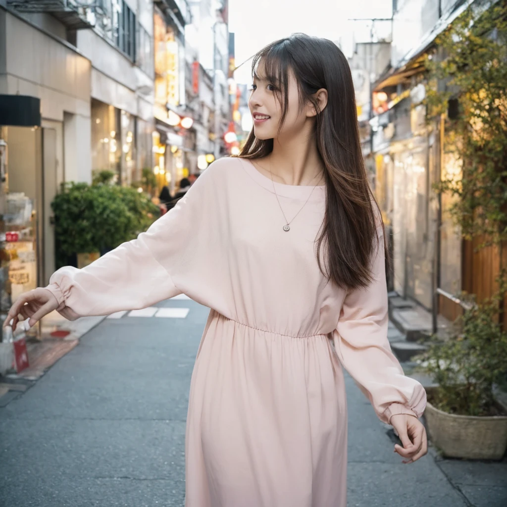 Tabletop、(8K、RAW Photos、Highest quality、masterpiece:1.2)、Downward、Looking down、White wall、In front of a white door、Light orange long sleeve dress Beautiful shiny hair、High-quality RAW color photos、Professional photos、(Realistic、photo Realistic:1.37)、Photographed in natural light、1 Girl、Laughter、Various poses、break (Ombre:1.3) 、Spring Clothes、Simple Necklace、(Beautiful profile:1.3)、Don'Don'Don't look at the camera、profile、((Hair color is dark brown))