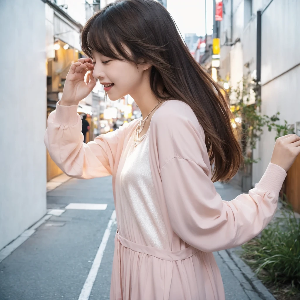 Tabletop、(8K、RAW Photos、Highest quality、masterpiece:1.2)、Downward、Looking down、White wall、In front of a white door、Light orange long sleeve dress Beautiful shiny hair、High-quality RAW color photos、Professional photos、(Realistic、photo Realistic:1.37)、Photographed in natural light、1 Girl、Laughter、Various poses、break (Ombre:1.3) 、Spring Clothes、Simple Necklace、(Beautiful profile:1.3)、Don'Don'Don't look at the camera、profile、((Hair color is dark brown))