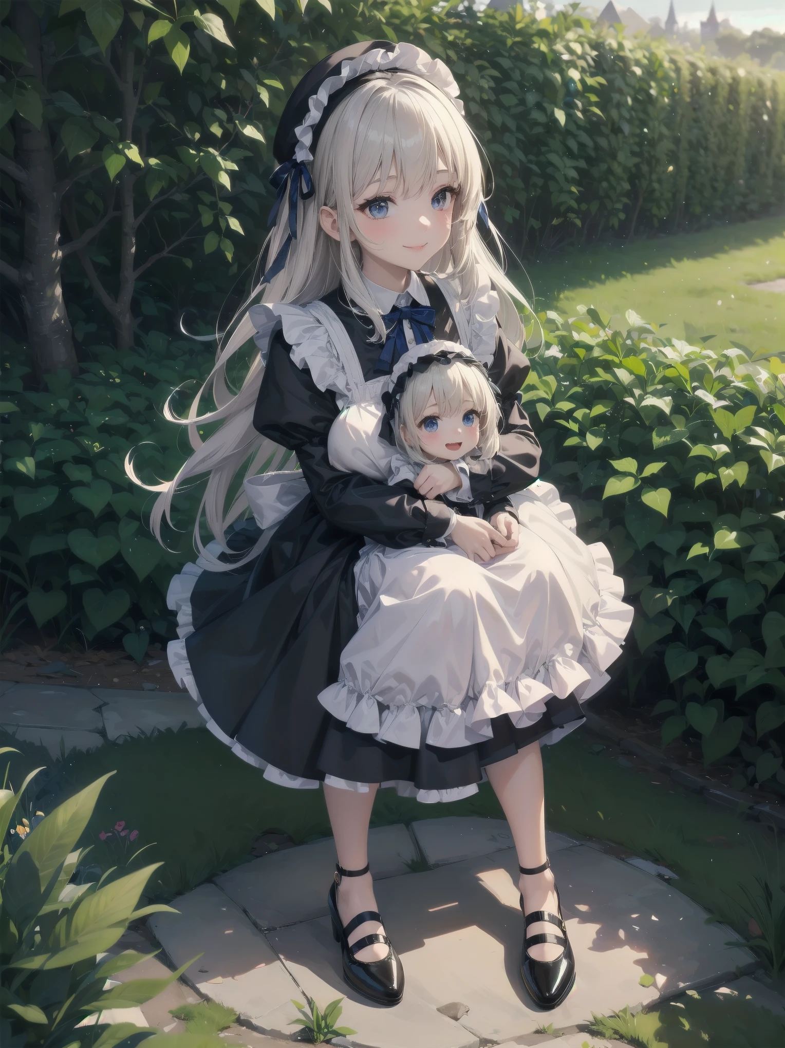 A serene outdoor scene unfolds at dusk, with a brilliant blue sky transitioning into a canvas of twinkling stars. A beautiful young girl, dressed in a stunning white and black gothic maid dress adorned with a navy blue ribbon, stands amidst lush green grass. Her companion, a delightful toddler, dons a charming maid hat with ruby accessories, complemented by black stockings and shoes. The little one beams with joy, smiling brightly as they gaze up at the celestial display together