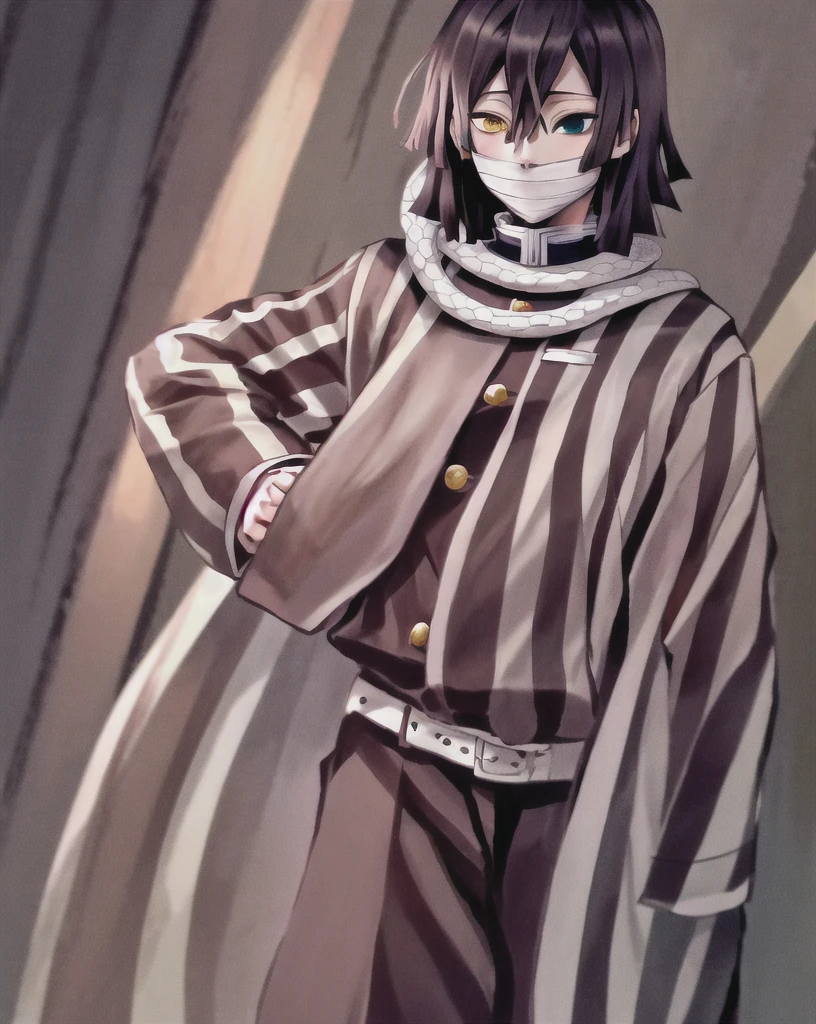 masterpiece, best quality, highres, 1boy obanai, demon slayer uniform vertical stripes jacket black pants, white snake, mask hand on hip, solo, hd quality, high resolution, high end pixels