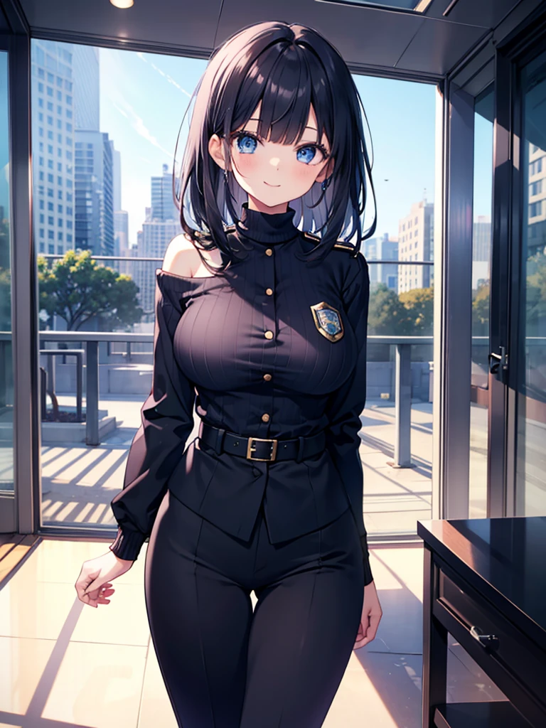 transparent,off-shoulder_sweater,1girl,slender,hime cut,straight_hair,black hair,side_blunt_bangs,blue eyes,symbol_in_eye,medium breasts,narrow_waist,huge filesize,smile,panorama,police_uniform,business_suit,