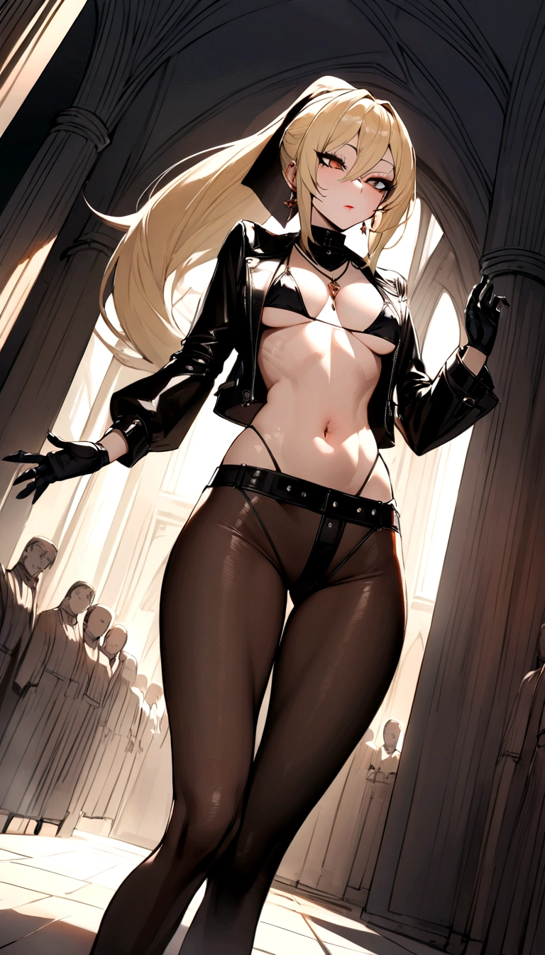 Very tall, slim milf; nun; blonde hairs and incredible long ponytail; strong goth makeup; brown eyes; small firm,pointy breast; sensual midriff; wearing jewelery, necklace, earrings, transparent black bikini top, short leather jacket, visible fancy figa thong strings; gloves, rings, church, best quality, expressive eyes, perfect face, masterpiece, slim body, very long legs, detailed stomach, detailed hips, detailed legs, carefully drawn toes, carefully drawn feet, carefully drawn hands, best quality, drawn with careful, Dynamic Angle, Highly detailed, seductive eyes
