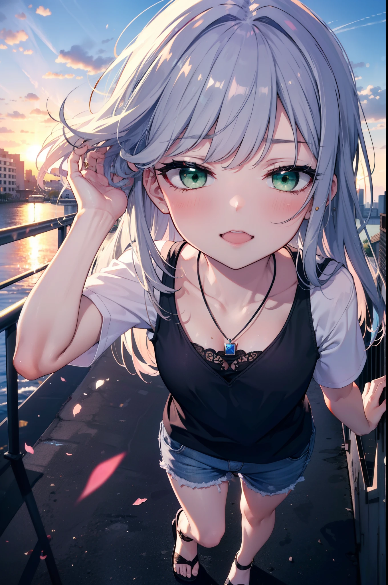 index, index, (Green Eyes:1.5), Silver Hair, Long Hair, (Flat Chest:1.2)happy smile, smile, Open your mouth,v neck tank top shirt,Skinny jeans,Cute Sandals,Rocket Pendant,walking,sunset,evening,The sun goes down,whole bodyがイラストに入るように,
break looking at viewer, whole body,
break outdoors, construction area,
break (masterpiece:1.2), Highest quality, High resolution, unity 8k wallpaper, (shape:0.8), (Beautiful attention to detail:1.6), Highly detailed face, Perfect lighting, Extremely detailed CG, (Perfect hands, Perfect Anatomy),
