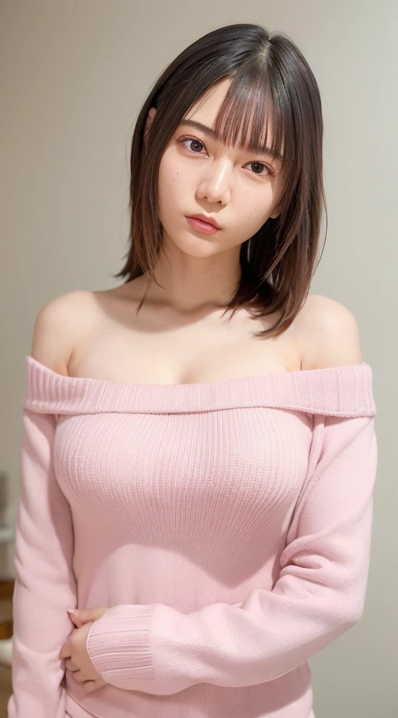 ((Highest quality, 8K, masterpiece: 1.3)), sharp: 1.2, Perfect Body Beauty: 1.4, Slim Abs: 1.2, ((nude、Big Breasts: 1.2)), (((Ribbed sweater:1.3, Off-the-shoulder sweater))), Short shorts:1.2, Bare shoulders, (((Underbust: 1.1))), Face close-up: 1.0, Highly detailed face and skin texture, Beautiful Eyes, double eyelid, (((Looking down at the camera)))