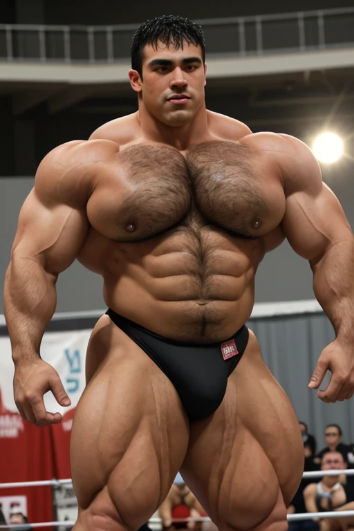 extremely muscular man, short black hair, huge muscular oversized pecs, brown eyes, big beefy arms, tight briefs, hairy muscular body, posing at a bodybuilding competition