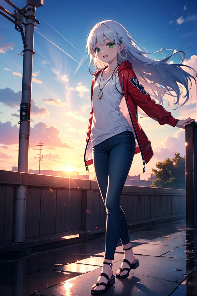 index, index, (Green Eyes:1.5), Silver Hair, Long Hair, (Flat Chest:1.2)happy smile, smile, Open your mouth,v neck tank top shirt,Skinny jeans,Cute Sandals,Rocket Pendant,walking,sunset,evening,The sun goes down,whole bodyがイラストに入るように,
break looking at viewer, whole body,
break outdoors, construction area,
break (masterpiece:1.2), Highest quality, High resolution, unity 8k wallpaper, (shape:0.8), (Beautiful attention to detail:1.6), Highly detailed face, Perfect lighting, Extremely detailed CG, (Perfect hands, Perfect Anatomy),