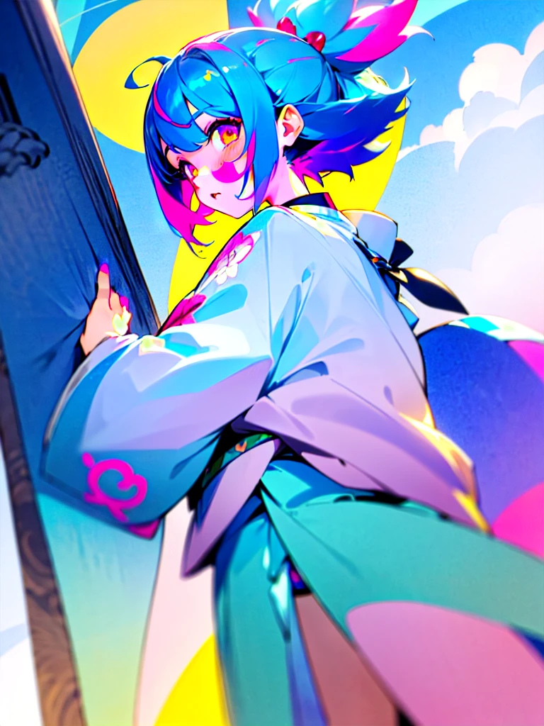 (masterpiece 1:1),(ultra hd picture), (pastel color palette), ((girl 1/girl 2) two Twin anime girls Short hair with different hair colors wearing japanese kimono with different color holding hands each other Love each other pose side by side), (girl 1: hair color pink mix with sky blue color, hair color bink with sky blue gradient , primary hair color:pink, secondary hair color: sky blue, secondary hair color is a accent) ,(girl 1: kimono color blue with yellow accent).(Blue sky pastel hair girl)(girl 2: hair color sky blue mix with pink color, hair color bink with sky blue gradient , primary hair color:sky blue, secondary hair color: pink, secondary hair color is a accent ),(girl 2: kimono color pink with yellow accent). Glowing eyes, HD results, best picture, cinematic angle, lovely expression, cute faces, Detail eyes, (4 fingers), Japan idols stages background.