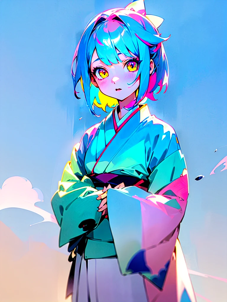 (masterpiece 1:1),(ultra hd picture), (pastel color palette), ((girl 1/girl 2) two Twin anime girls Short hair with different hair colors wearing japanese kimono with different color holding hands each other Love each other pose side by side), (girl 1: hair color pink mix with sky blue color, hair color bink with sky blue gradient , primary hair color:pink, secondary hair color: sky blue, secondary hair color is a accent) ,(girl 1: kimono color blue with yellow accent).(Blue sky pastel hair girl)(girl 2: hair color sky blue mix with pink color, hair color bink with sky blue gradient , primary hair color:sky blue, secondary hair color: pink, secondary hair color is a accent ),(girl 2: kimono color pink with yellow accent). Glowing eyes, HD results, best picture, cinematic angle, lovely expression, cute faces, Detail eyes, (4 fingers), Japan idols stages background.