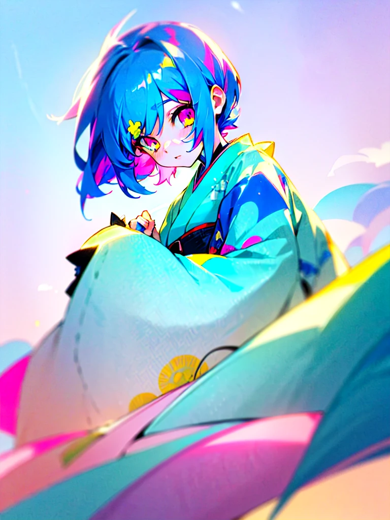(masterpiece 1:1),(ultra hd picture), (pastel color palette), ((girl 1/girl 2) two Twin anime girls Short hair with different hair colors wearing japanese kimono with different color holding hands each other Love each other pose side by side), (girl 1: hair color pink mix with sky blue color, hair color bink with sky blue gradient , primary hair color:pink, secondary hair color: sky blue, secondary hair color is a accent) ,(girl 1: kimono color blue with yellow accent).(Blue sky pastel hair girl)(girl 2: hair color sky blue mix with pink color, hair color bink with sky blue gradient , primary hair color:sky blue, secondary hair color: pink, secondary hair color is a accent ),(girl 2: kimono color pink with yellow accent). Glowing eyes, HD results, best picture, cinematic angle, lovely expression, cute faces, Detail eyes, (4 fingers), Japan idols stages background.