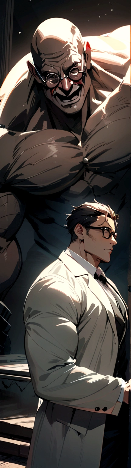 Best quality, masterpiece, handsome muscular man, wearing labcoat and nerdy glasses, grpped by frankenstein monster 