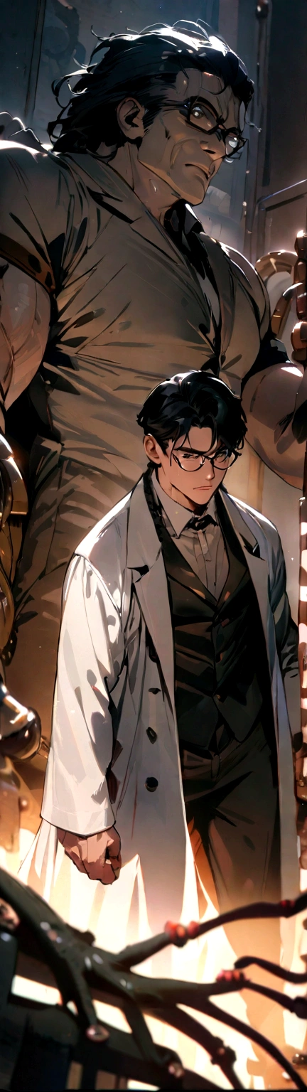 Best quality, masterpiece, handsome muscular man, wearing labcoat and nerdy glasses, grpped by frankenstein monster