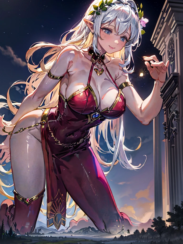 Callista, a 55-meter giant elf, emerges from an enchanted portal at dusk, her alabaster skin glowing in the moonlight. Her long golden hair falls in soft curls over her shoulders and back. Standing in a mystical meadow, her posture is graceful and seductive, one leg slightly bent, one hand caressing a flower while the other rests on her hip. Her eyes, full of wisdom and desire, gaze at the tiny humans at her feet, mesmerized by her ethereal presence. Her lips curl in a mischievous smile and her body, sculpted with grace and natural perfection, radiates an aura of enchanting eroticism, enveloping all present in a spell of submission and mystical awe.