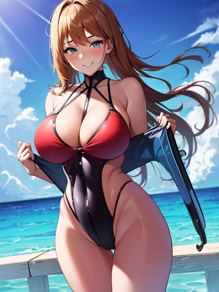 masterpiece,best quality,1girl,18yo,beautiful girl,BREAK,(Swimwear:1.8),(voluptuous bust,thin waist:1.4),navel exposed,BREAK,(Embarrassed smile:1.3),