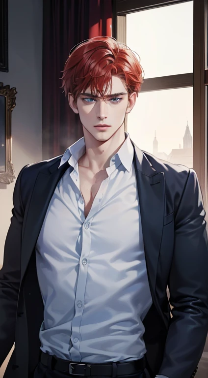 (best quality, masterpiece, 8K, photorealistic, cinematic lighting, 1:4 hdr image, ultra detailed, beautiful image), a mature man, 34 years very handsome, ((cold expression)), short red hair, blue eyes, face perfect without mistakes, ((buttoning his jacket, CEO))