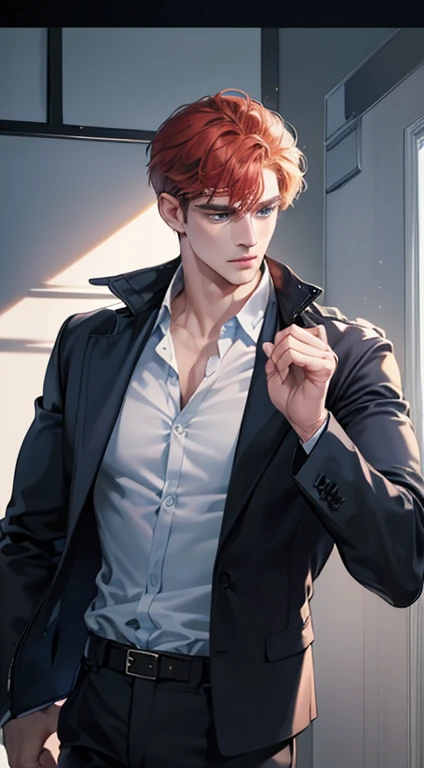 (best quality, masterpiece, 8K, photorealistic, cinematic lighting, 1:4 hdr image, ultra detailed, beautiful image), a mature man, 34 years very handsome, ((cold expression)), short red hair, blue eyes, face perfect without mistakes, ((buttoning his jacket, CEO))