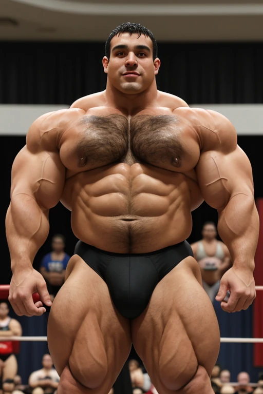 extremely muscular man, short black hair, huge muscular oversized pecs, brown eyes, big beefy arms, tight briefs, hairy muscular body, posing at a bodybuilding competition