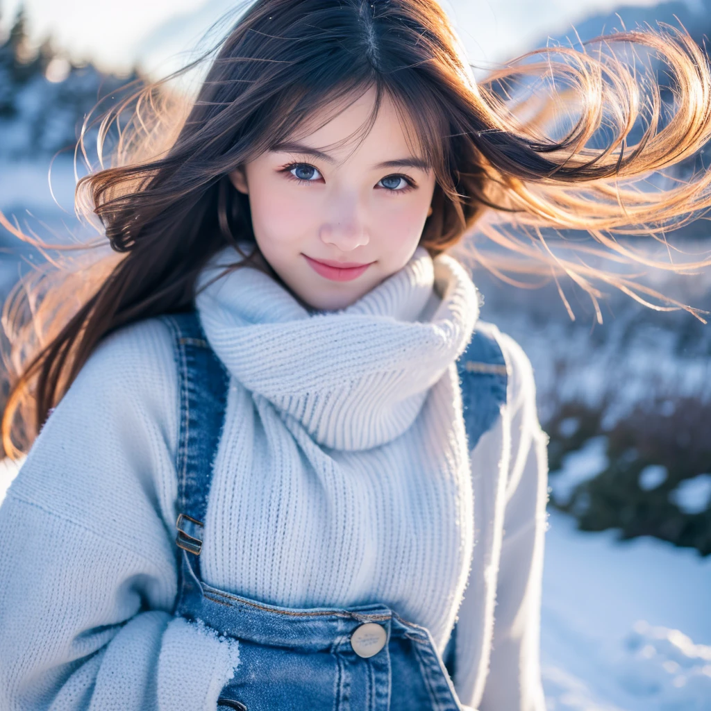 best quality, 4k quality, 1 girl, grey clothing, snow, Long hair fluttering in the wind, A healing smile, Large aperture, blurred background,black hair,blue eyes