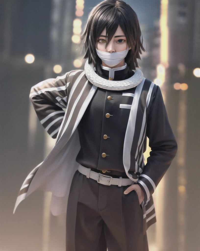 masterpiece, best quality, highres, 1boy, obanai, demon slayer uniform, vertical stripes jacket, black pants, white snake, mask, hand on hip, solo, hd quality, high resolution, high end pixels, realistic, photorealistic, photo-realistic:1.37, ultra-detailed, (realistic,photorealistic,photo-realistic:1.37), (best quality,4k,8k,highres,masterpiece:1.2),ultra-detailed,studio lighting,extreme detail description,vivid colors,bokeh