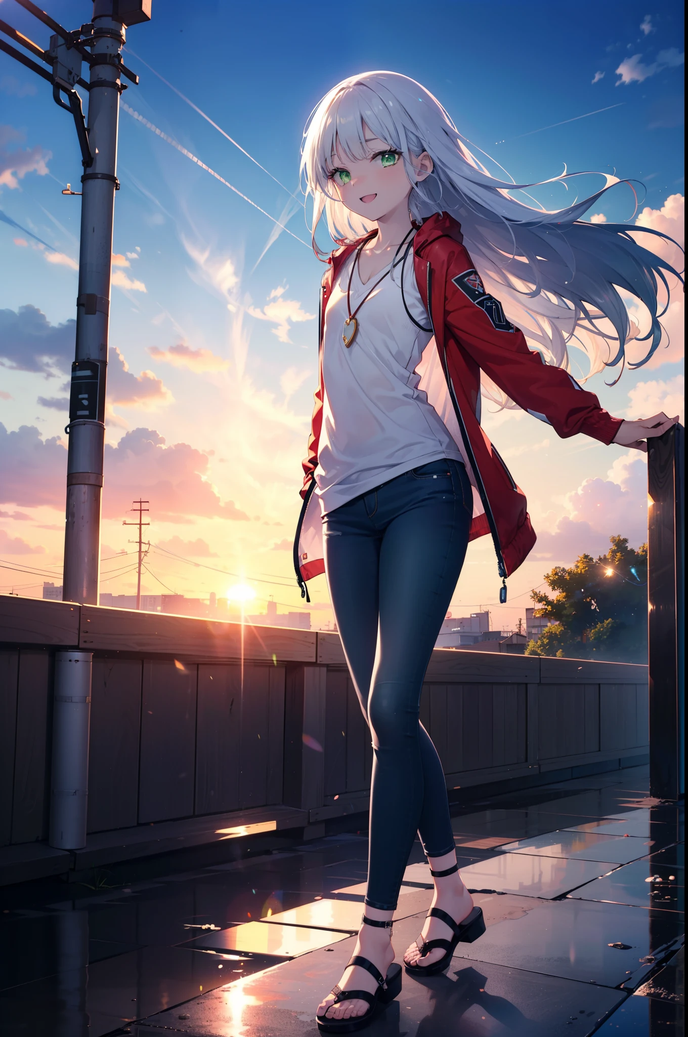 index, index, (Green Eyes:1.5), Silver Hair, Long Hair, (Flat :1.2)happy smile, smile, Open your mouth,v neck tank top shirt,Skinny jeans,Cute Sandals,Rocket Pendant,walking,sunset,evening,The sun goes down,whole bodyがイラストに入るように,
break looking at viewer, whole body,
break outdoors, construction area,
break (masterpiece:1.2), Highest quality, High resolution, unity 8k wallpaper, (shape:0.8), (Beautiful attention to detail:1.6), Highly detailed face, Perfect lighting, Extremely detailed CG, (Perfect hands, Perfect ),