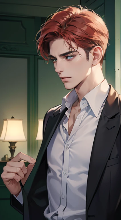 (best quality, masterpiece, 8K, photorealistic, cinematic lighting, 1:4 hdr image, ultra detailed, beautiful image), a mature man, 34 years very handsome, ((cold expression)), short red hair, green eyes, face perfect without mistakes, ((buttoning his jacket, CEO))