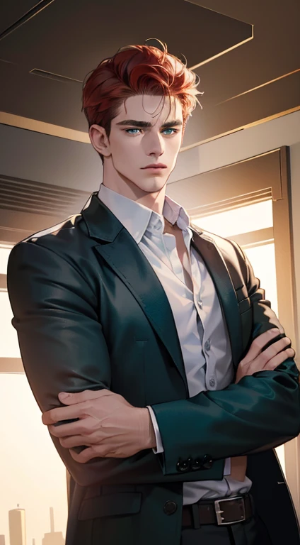 (best quality, masterpiece, 8K, photorealistic, cinematic lighting, 1:4 hdr image, ultra detailed, beautiful image), a mature man, 34 years very handsome, ((cold expression)), short red hair, green eyes, face perfect without mistakes, ((buttoning his jacket, CEO))