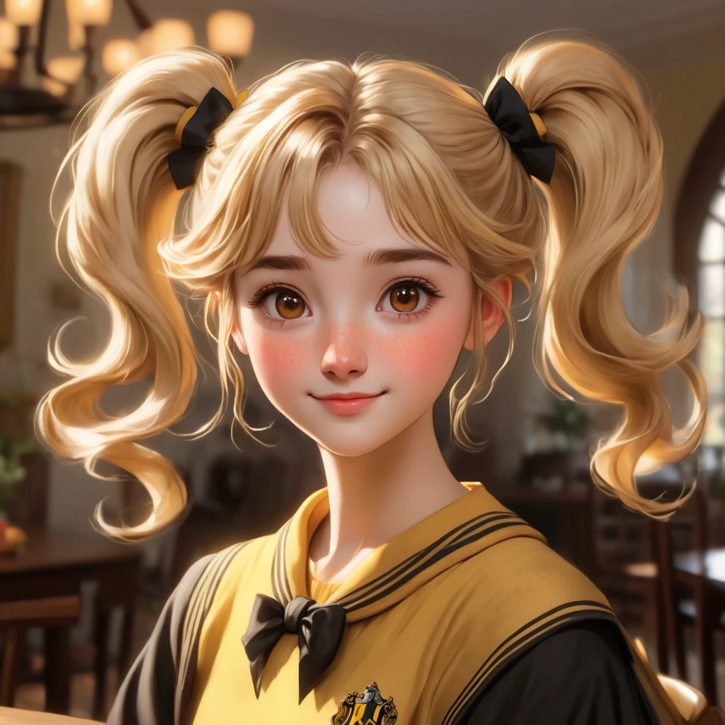 Best quality, masterpiece, Hogwarts student, Hufflepuff, short hair, high twin tails. Short, twin-tailed, golden blonde hair, serious, very mischievous, cute and bright, with freckles on the face. brown eyes A detailed face, puffy cheeks, beautiful skin, smiling, mischievous. The background is in the dining room. Soft, mysterious light, soft shadows. Detailed textures, dynamic lighting