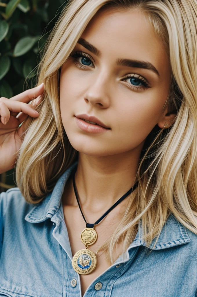 Blonde girl with badge hanging on her neck 