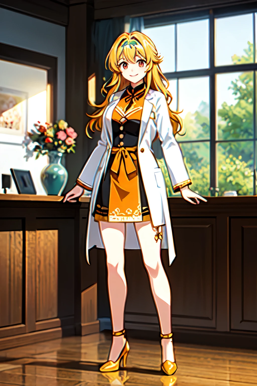 masterpiece, 32k, extremely detailed, finely detail, intricate details,
BREAK
(absurdres:1.1, highres:1.1, ultra detailed:1.1),
insanely detailed, absurdres,
(high resolution:1.1, ray tracing:1.1, refraction:1.1)
(1 female, 独奏:1.3),
BREAK
perfect symmetrical face, smile, , lab coat, Orange innerwear, Wavy Hair, 金髪
BREAK,
(((full body))),
BREAK