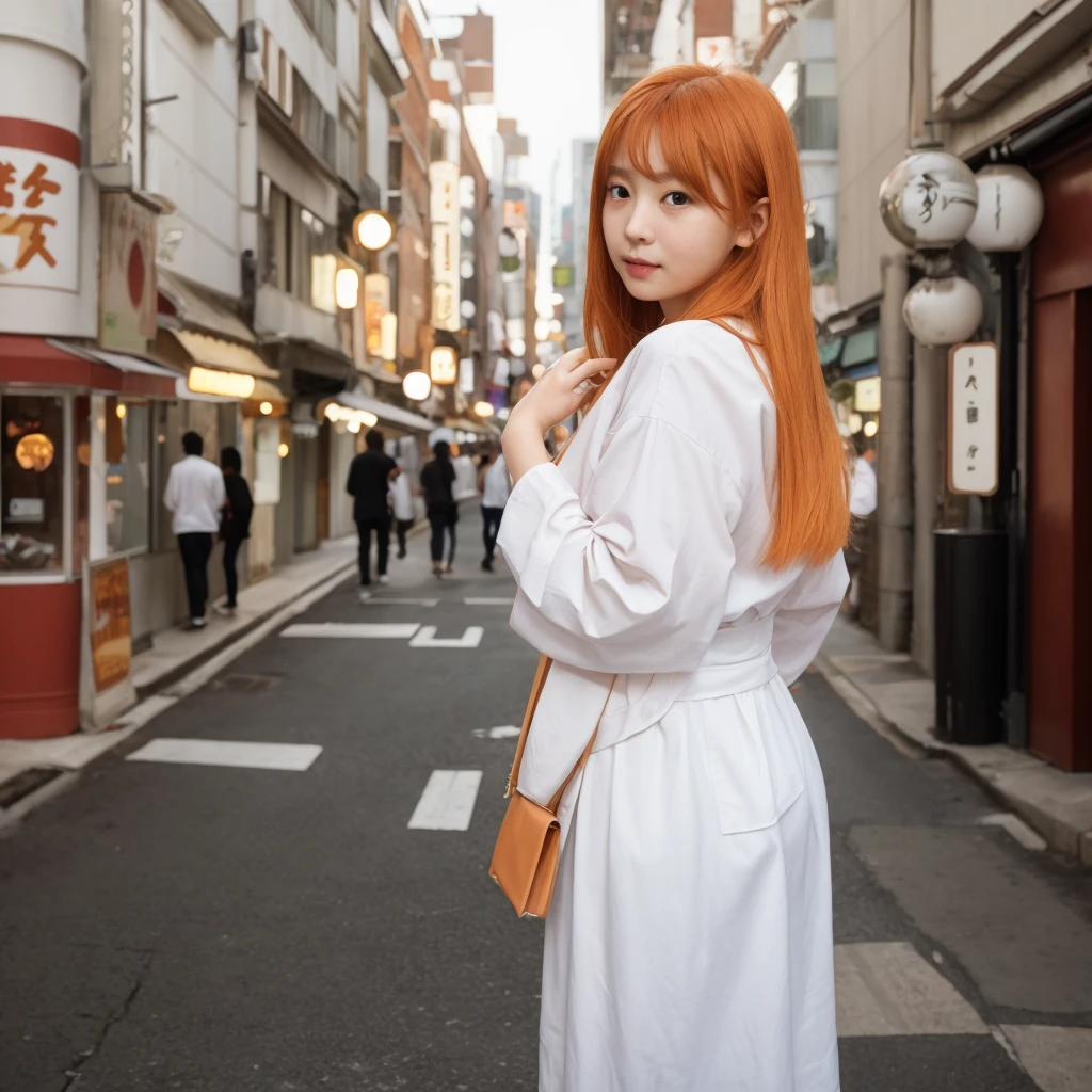 Tabletop、(8K、RAW Photos、Highest quality、masterpiece:1.2)、Downward、Looking down、White wall、In front of a white door、Light orange long sleeve dress Beautiful shiny hair、High-quality RAW color photos、Professional photos、(Realistic、photo Realistic:1.37)、Photographed in natural light、1 Girl、Laughter、Various poses、break (Ombre:1.3) 、Spring Clothes、Simple Necklace、(Beautiful profile:1.3)、Don'Don'Don't look at the camera、profile、((Hair color is dark brown))