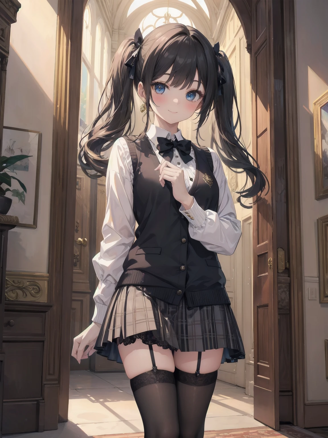 A lavish, photorealistic illustration of Soro, a charming 19th-century maiden, exudes elegance in a masterfully crafted scene. Framed by a ornate, gilded archway, she stands poised, her twintails adorned with sparkling bows, her cardigan vest and short-sleeved shirt perfectly complementing her plaid skirt. Over black legwear, her loafers add a touch of whimsy. A radiant smile spreads across her face, her eyes sparkling like diamonds in the soft, golden light. Every detail, from the intricate lace trim to the delicate folds of her garments, is meticulously rendered by a master illustrator's hand