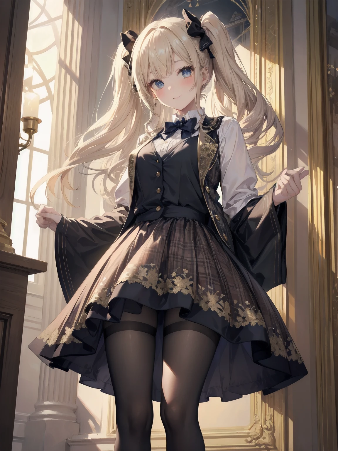 A lavish, photorealistic illustration of Soro, a charming 19th-century maiden, exudes elegance in a masterfully crafted scene. Framed by a ornate, gilded archway, she stands poised, her twintails adorned with sparkling bows, her cardigan vest and short-sleeved shirt perfectly complementing her plaid skirt. Over black legwear, her loafers add a touch of whimsy. A radiant smile spreads across her face, her eyes sparkling like diamonds in the soft, golden light. Every detail, from the intricate lace trim to the delicate folds of her garments, is meticulously rendered by a master illustrator's hand