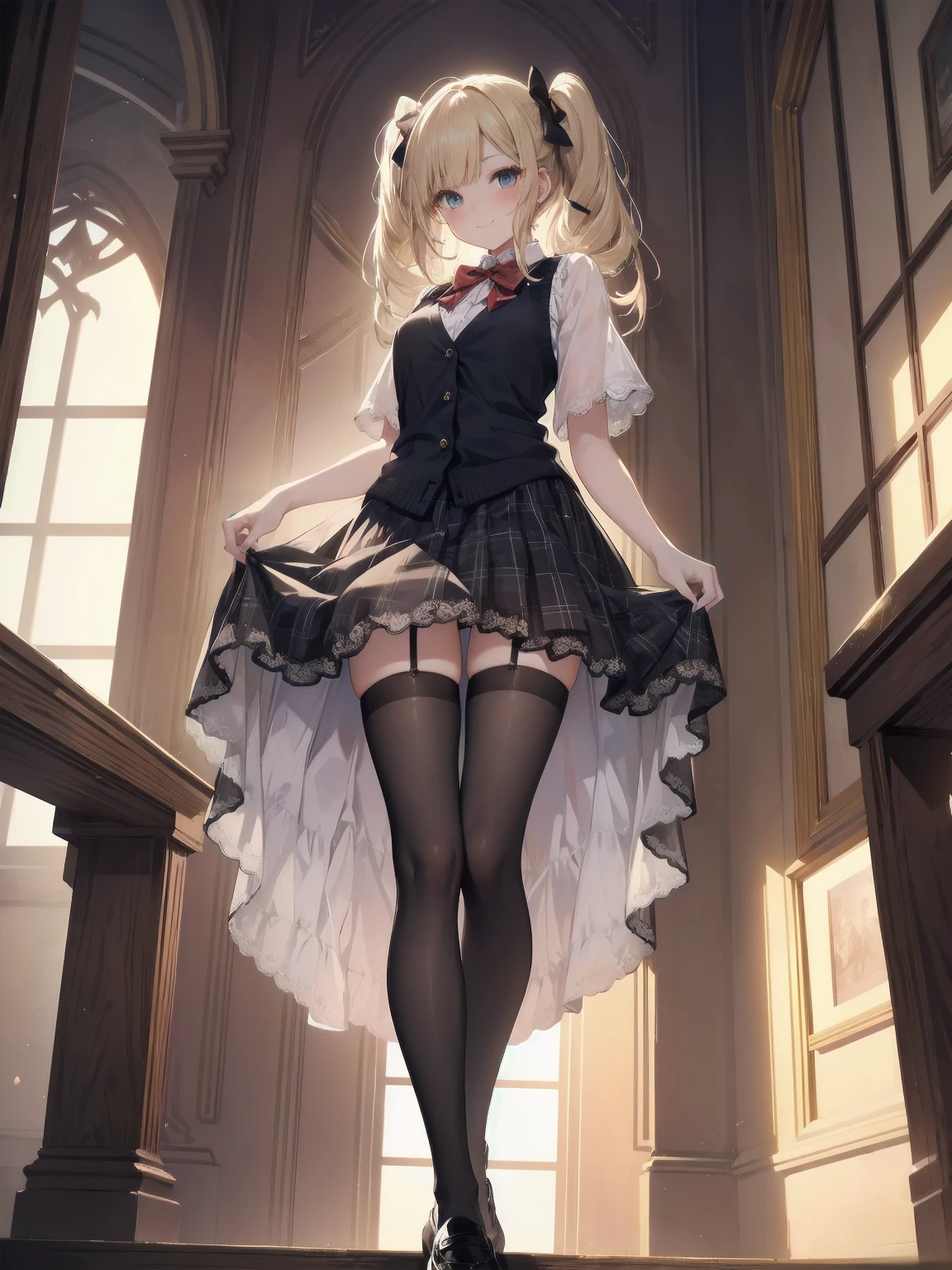 A lavish, photorealistic illustration of Soro, a charming 19th-century maiden, exudes elegance in a masterfully crafted scene. Framed by a ornate, gilded archway, she stands poised, her twintails adorned with sparkling bows, her cardigan vest and short-sleeved shirt perfectly complementing her plaid skirt. Over black legwear, her loafers add a touch of whimsy. A radiant smile spreads across her face, her eyes sparkling like diamonds in the soft, golden light. Every detail, from the intricate lace trim to the delicate folds of her garments, is meticulously rendered by a master illustrator's hand