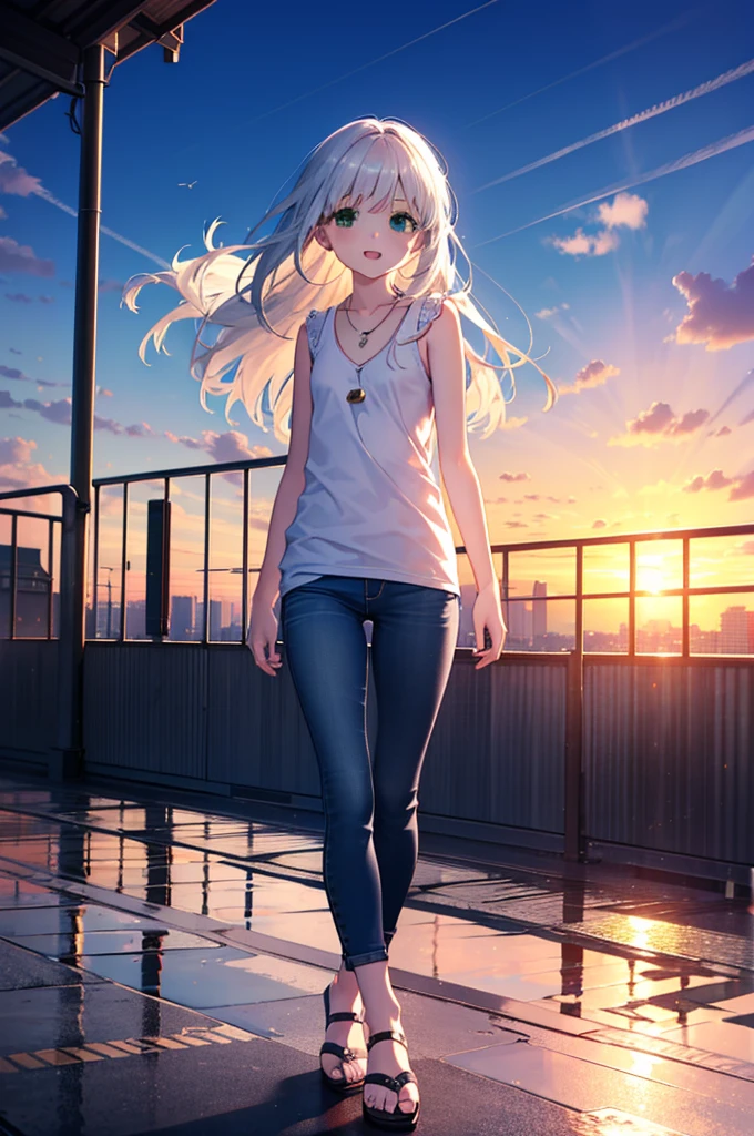 index, index, (Green Eyes:1.5), Silver Hair, Long Hair, (Flat Chest:1.2)happy smile, smile, Open your mouth,V-neck tank top,Skinny jeans,Cute Sandals,Rocket Pendant,walking,sunset,evening,The sun goes down,whole bodyがイラストに入るように,
break looking at viewer, whole body,
break outdoors, construction area,
break (masterpiece:1.2), Highest quality, High resolution, unity 8k wallpaper, (shape:0.8), (Beautiful attention to detail:1.6), Highly detailed face, Perfect lighting, Extremely detailed CG, (Perfect hands, Perfect Anatomy),