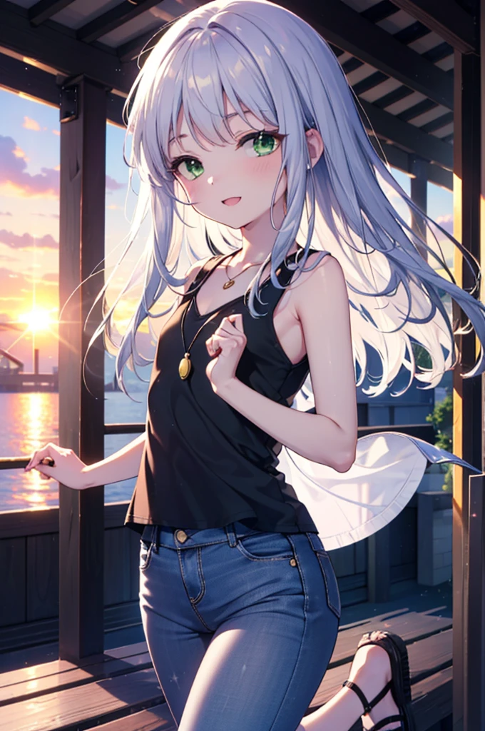 index, index, (Green Eyes:1.5), Silver Hair, Long Hair, (Flat Chest:1.2)happy smile, smile, Open your mouth,V-neck tank top,Skinny jeans,Cute Sandals,Rocket Pendant,walking,sunset,evening,The sun goes down,whole bodyがイラストに入るように,
break looking at viewer, whole body,
break outdoors, construction area,
break (masterpiece:1.2), Highest quality, High resolution, unity 8k wallpaper, (shape:0.8), (Beautiful attention to detail:1.6), Highly detailed face, Perfect lighting, Extremely detailed CG, (Perfect hands, Perfect Anatomy),