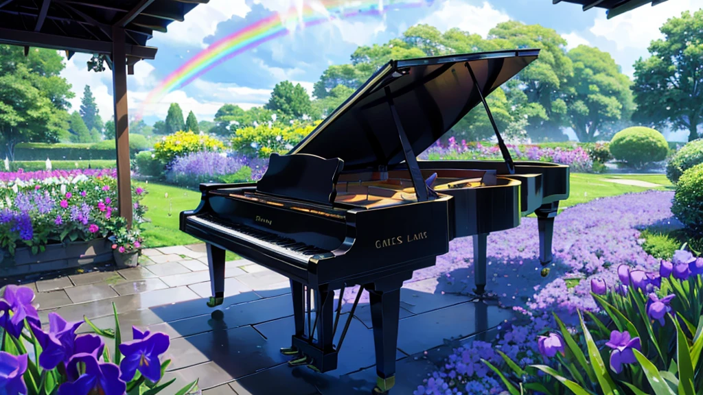 A grand piano in a garden filled with blooming irises、After the rain, a rainbow hangs in the sky、White cloud