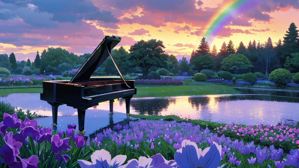 A grand piano in a garden filled with blooming irises、After the rain, a rainbow hangs in the sky、White cloud