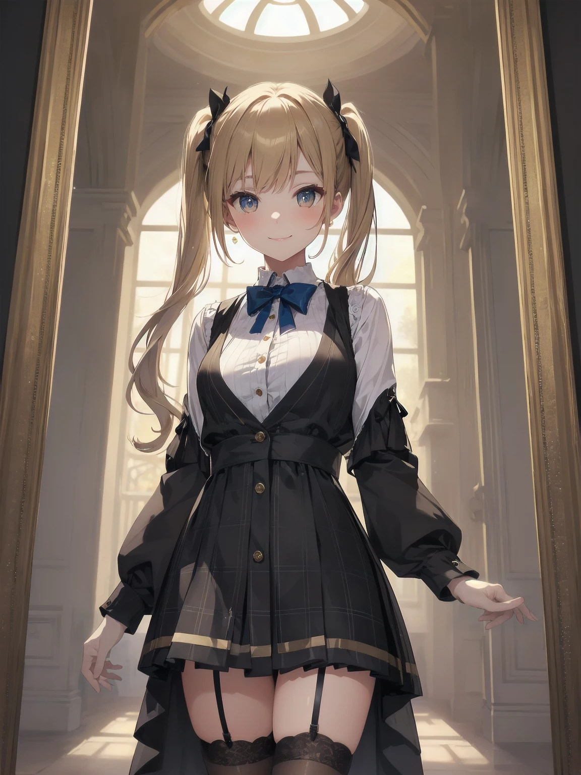 A lavish, photorealistic illustration of Soro, a charming 19th-century maiden, exudes elegance in a masterfully crafted scene. Framed by a ornate, gilded archway, she stands poised, her twintails adorned with sparkling bows, her cardigan vest and short-sleeved shirt perfectly complementing her plaid skirt. Over black legwear, her loafers add a touch of whimsy. A radiant smile spreads across her face, her eyes sparkling like diamonds in the soft, golden light. Every detail, from the intricate lace trim to the delicate folds of her garments, is meticulously rendered by a master illustrator's hand