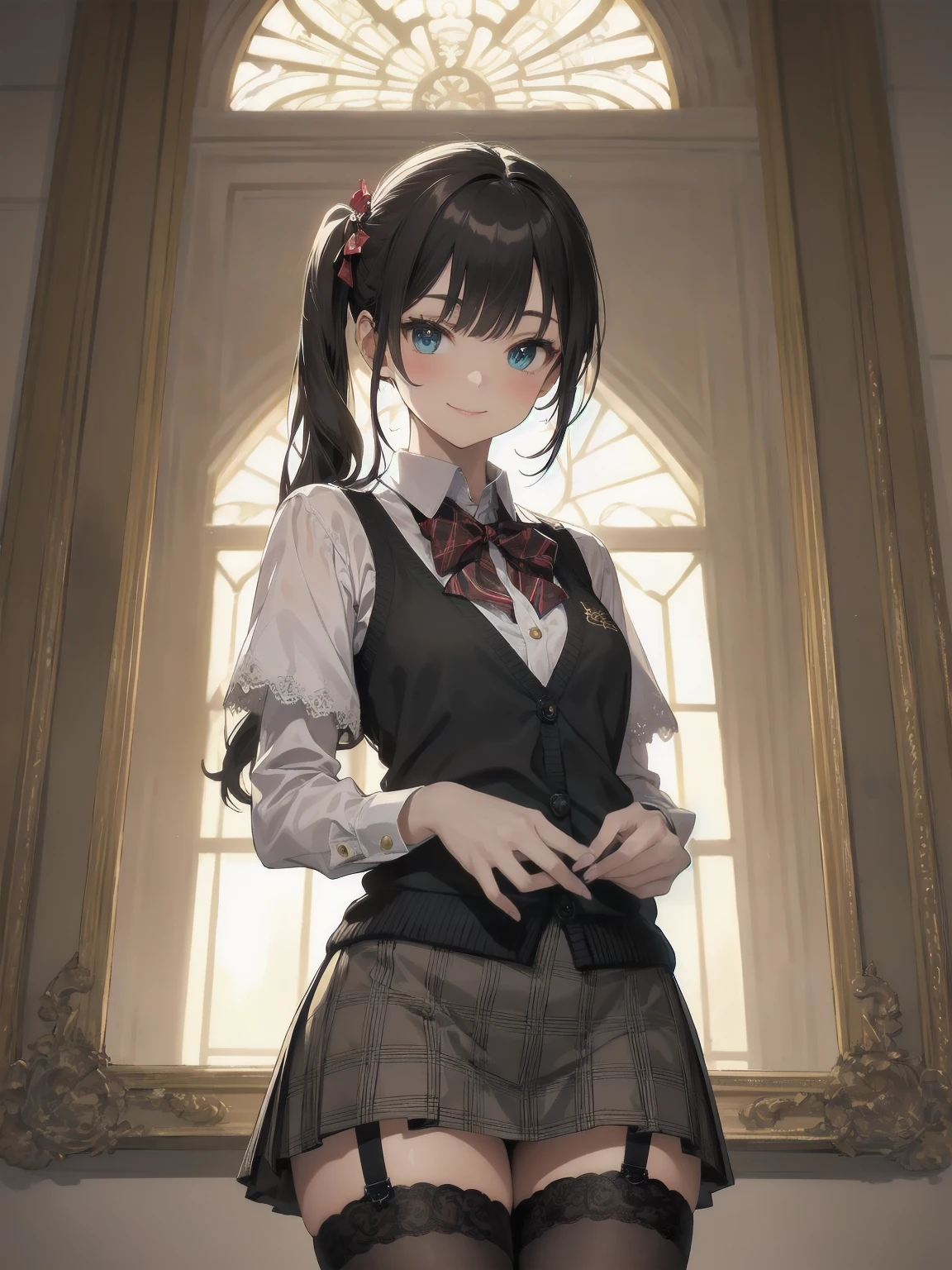 A lavish, photorealistic illustration of Soro, a charming 19th-century maiden, exudes elegance in a masterfully crafted scene. Framed by a ornate, gilded archway, she stands poised, her twintails adorned with sparkling bows, her cardigan vest and short-sleeved shirt perfectly complementing her plaid skirt. Over black legwear, her loafers add a touch of whimsy. A radiant smile spreads across her face, her eyes sparkling like diamonds in the soft, golden light. Every detail, from the intricate lace trim to the delicate folds of her garments, is meticulously rendered by a master illustrator's hand