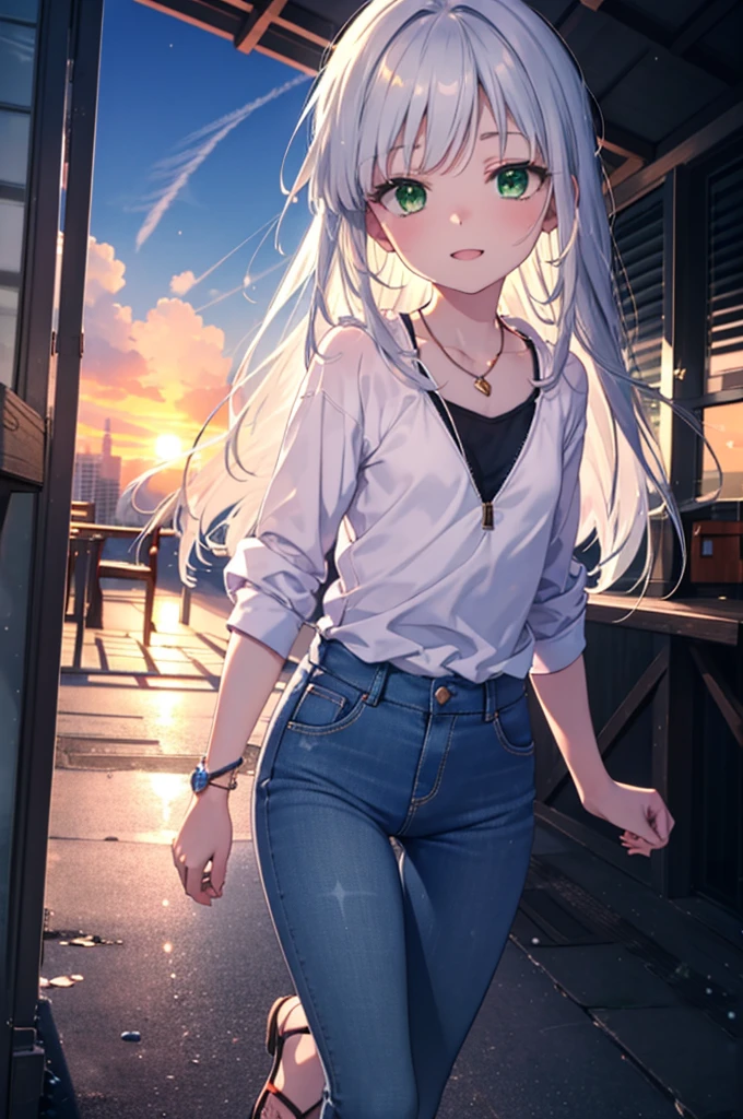 index, index, (Green Eyes:1.5), Silver Hair, Long Hair, (Flat Chest:1.2)happy smile, smile, Open your mouth,v neck tank top shirt,Skinny jeans,Cute Sandals,Rocket Pendant,walking,sunset,evening,The sun goes down,whole bodyがイラストに入るように,
break looking at viewer, whole body,
break outdoors, construction area,
break (masterpiece:1.2), Highest quality, High resolution, unity 8k wallpaper, (shape:0.8), (Beautiful attention to detail:1.6), Highly detailed face, Perfect lighting, Extremely detailed CG, (Perfect hands, Perfect Anatomy),