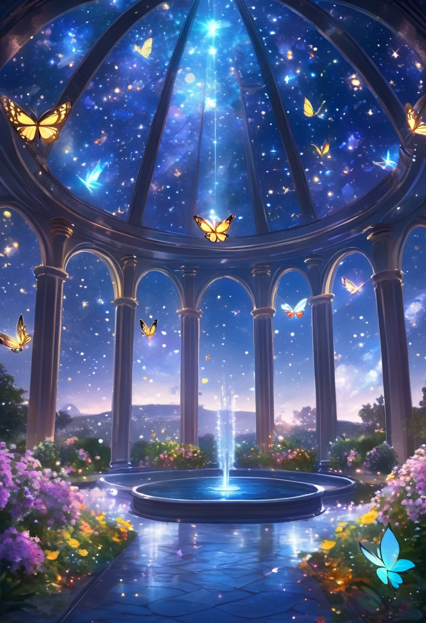 ((Highest quality)),((high-res)),night, Starry Sky, A magical indoor garden, dome, Sparkling water fountain, Lots of flowers, Glowing Butterfly, The background is a garden with petals and papas flying around