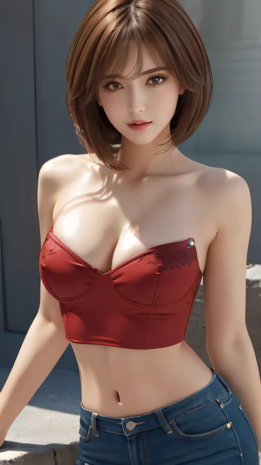 Highest quality, shape, Very detailed, In detail, High resolution, 8k wallpaper, Perfect dynamic composition, Beautiful details, (Cropped TUBE TOP), (Hot Pants),Random Hairstyles, Perfect Anatomy，Center of chest, Natural color lip, Random sexy poses,Woman with perfect body，devil