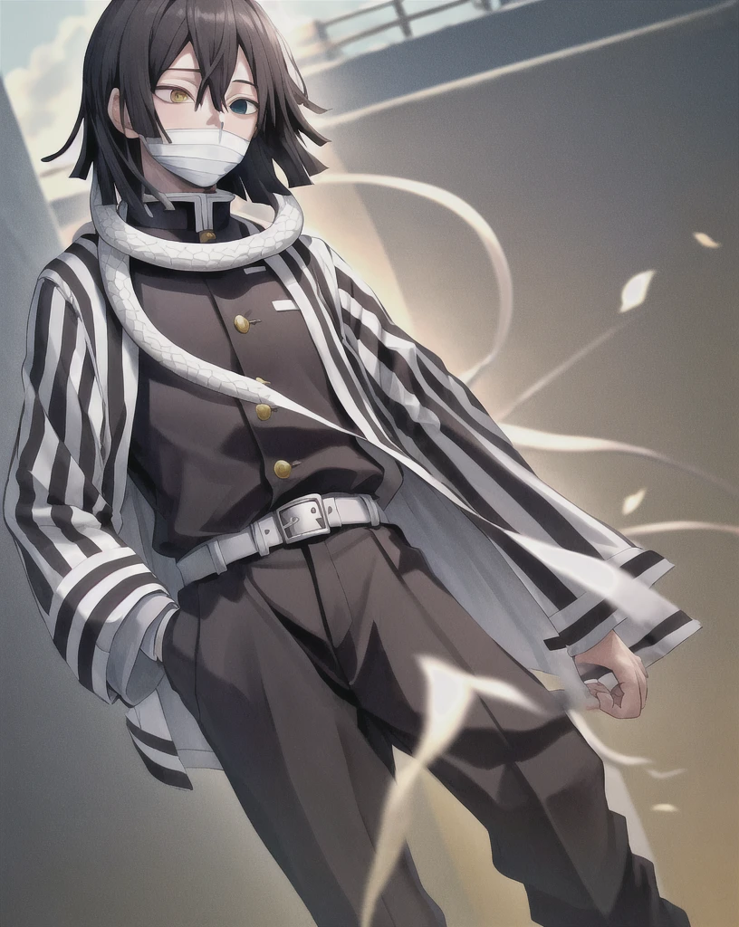 masterpiece, best quality, highres, 1boy obanai, demon slayer uniform vertical stripes jacket black pants, white snake, mask hand on hip, solo, hd quality, high resolution, high end pixels