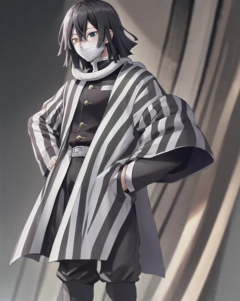 masterpiece, best quality, highres, 1boy obanai, demon slayer uniform vertical stripes jacket black pants, white snake, mask hand on hip, solo, hd quality, high resolution, high end pixels