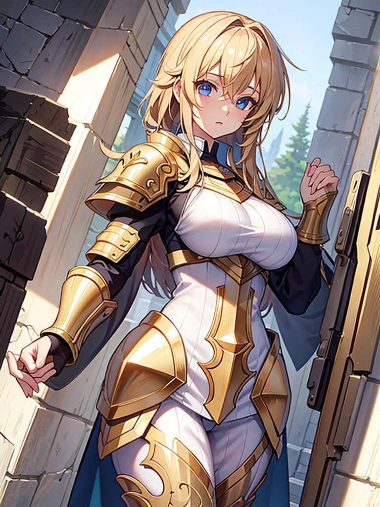 1girl, blonde hair, white hairband, blue eyes, golden armor, ((naked breasts)), ((naked pussy)), (from below), ((looking down)), ((embarrassed)), (angry), (blue skirt)