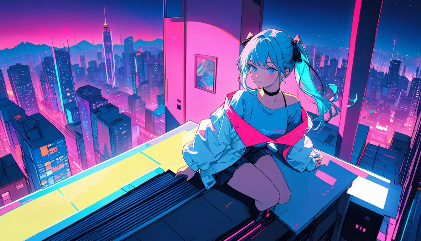 masterpiece,Highest quality,1 Synthwave girl,Blue outline,Neon cityscape,Blue fluorescent paint,solo,From below,Cowboy Shot,Sitting on the roof of a building,Highly detailed CG,Flat Color,Limited palette,Line art,silhouette,Partially colored,Alternate Color,Dynamic Angle,Light blue hair twin tails、Blue long upper champagne,Dark purple shadow,Synth Wave,chromatic aberration,(soloフォーカス)、Perfect Shadow、Wearing an off-the-shoulder floating jacket、Delicate face、、Beautiful and delicate eyes、Delicate background、Blue Neon Light、night、