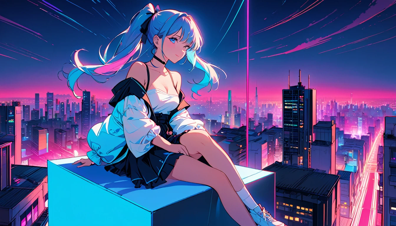 masterpiece,Highest quality,1 Synthwave girl,Blue outline,Neon cityscape,Blue fluorescent paint,solo,From below,Cowboy Shot,Sitting on the roof of a building,Highly detailed CG,Flat Color,Limited palette,Line art,silhouette,Partially colored,Alternate Color,Dynamic Angle,Light blue hair twin tails、Blue long upper champagne,Dark purple shadow,Synth Wave,chromatic aberration,(soloフォーカス)、Perfect Shadow、Wearing an off-the-shoulder floating jacket、Delicate face、、Beautiful and delicate eyes、Delicate background、Blue Neon Light、night、