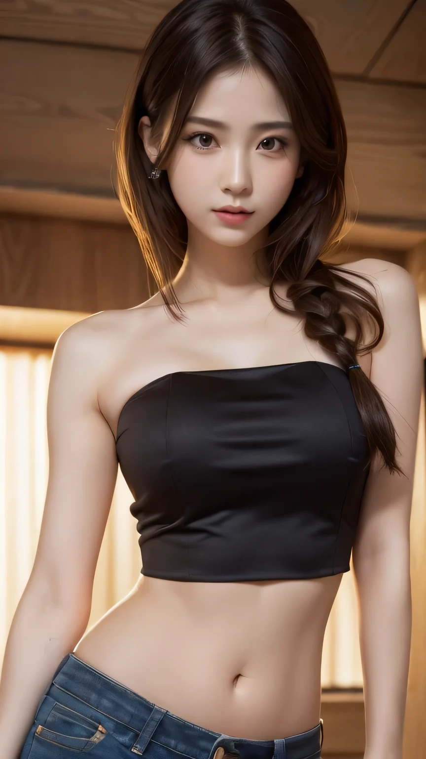 Highest quality, shape, Very detailed, In detail, High resolution, 8k wallpaper, Perfect dynamic composition, Beautiful details, (Strapless Cropped TUBE TOP), (Hot Pants),Random Hairstyles, Perfect Anatomy,Center of chest, Natural color lip, Random sexy poses,Woman with perfect body,devil