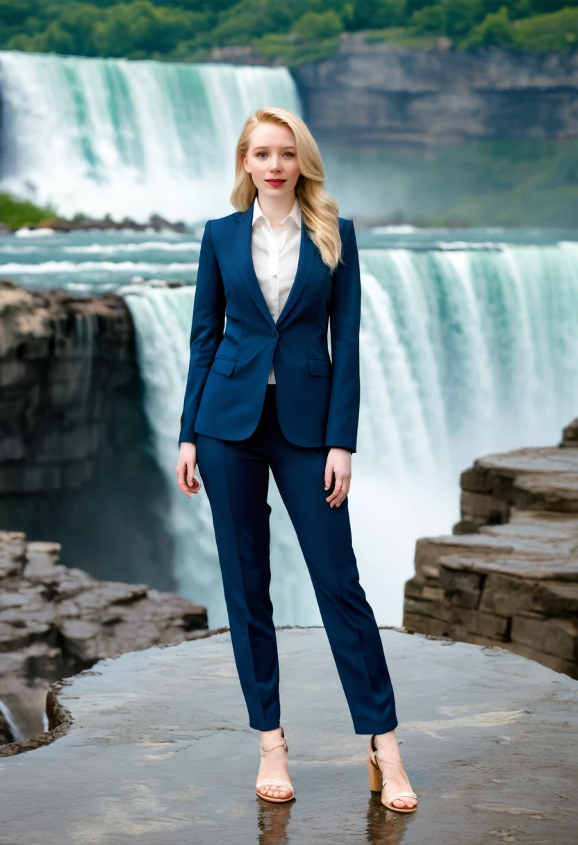 full_Body, Stand, sandals, (suit), Hose, (Niagara Falls), (emily18: 1.2), perfect face, (Contact Iris: 1.1), pale skin, Hautporen , depth of field