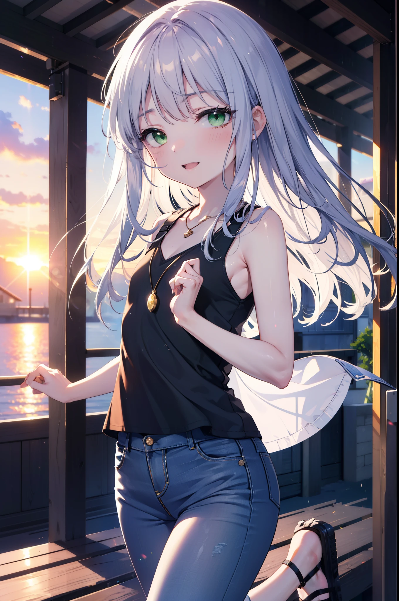index, index, (Green Eyes:1.5), Silver Hair, Long Hair, (Flat Chest:1.2)happy smile, smile, Open your mouth,V-neck tank top,Skinny jeans,Cute Sandals,Rocket Pendant,walking,sunset,evening,The sun goes down,whole bodyがイラストに入るように,
break looking at viewer, whole body,
break outdoors, construction area,
break (masterpiece:1.2), Highest quality, High resolution, unity 8k wallpaper, (shape:0.8), (Beautiful attention to detail:1.6), Highly detailed face, Perfect lighting, Extremely detailed CG, (Perfect hands, Perfect Anatomy),